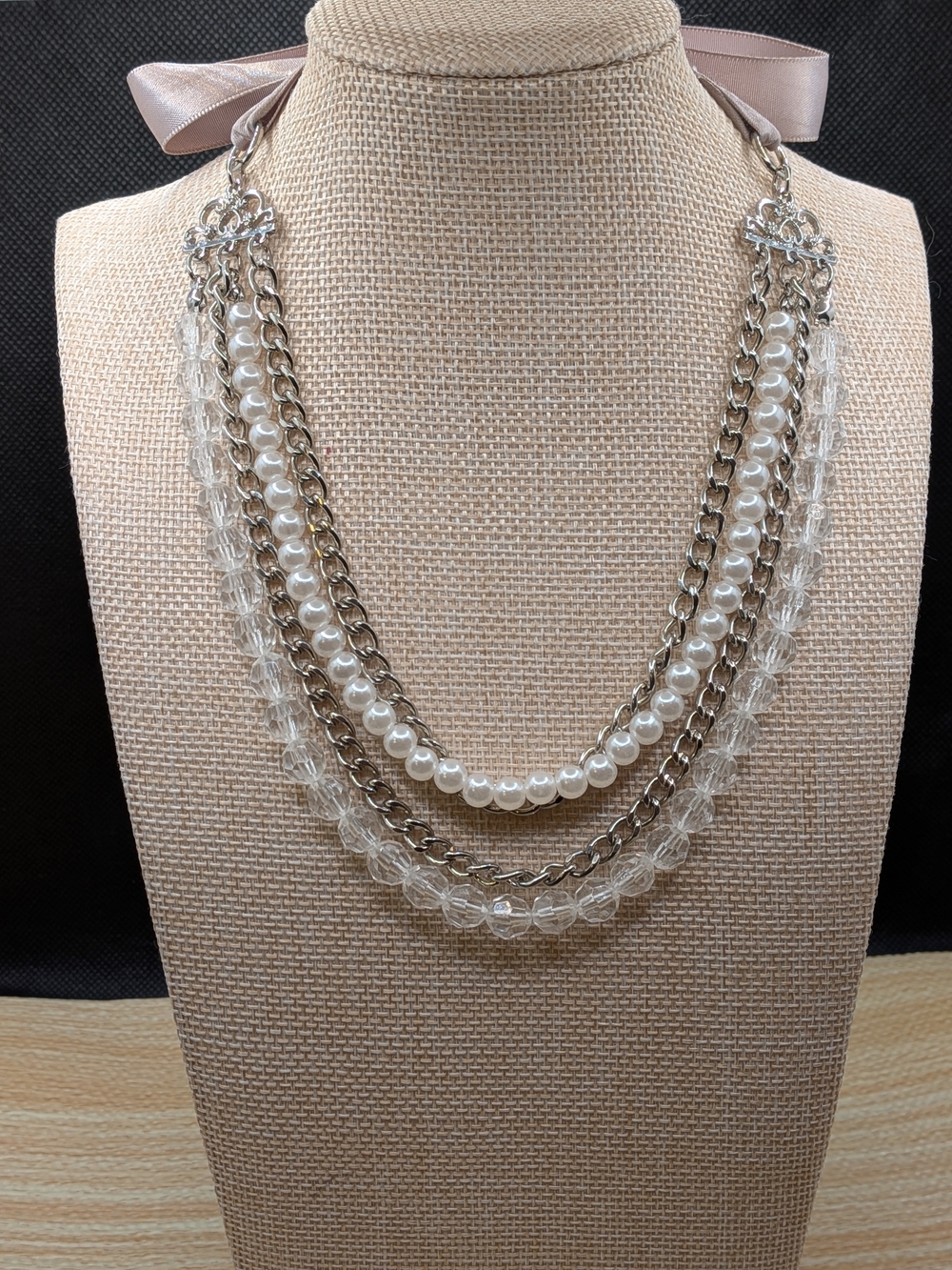 Multi Strand Pearl & Crystal Layered Chain Necklace With Ribbon Closure